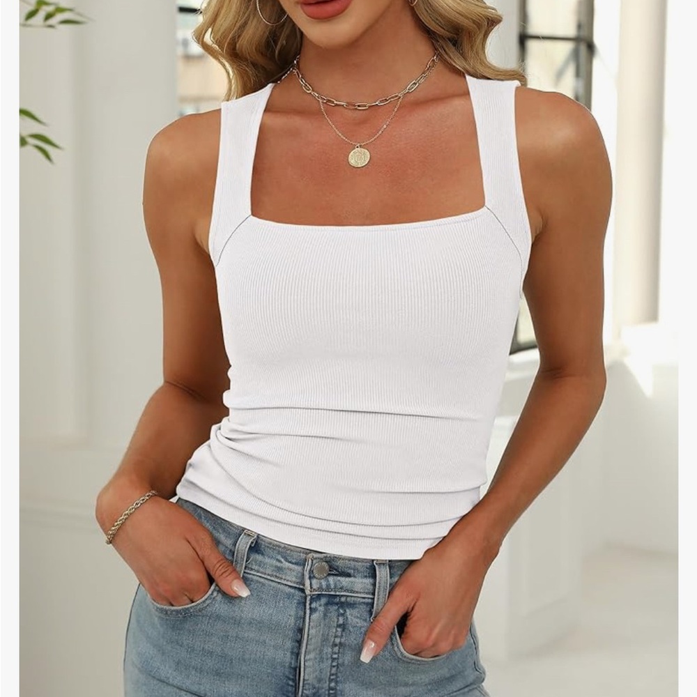 New White Ribbed Thick Strap Tank Top Size M